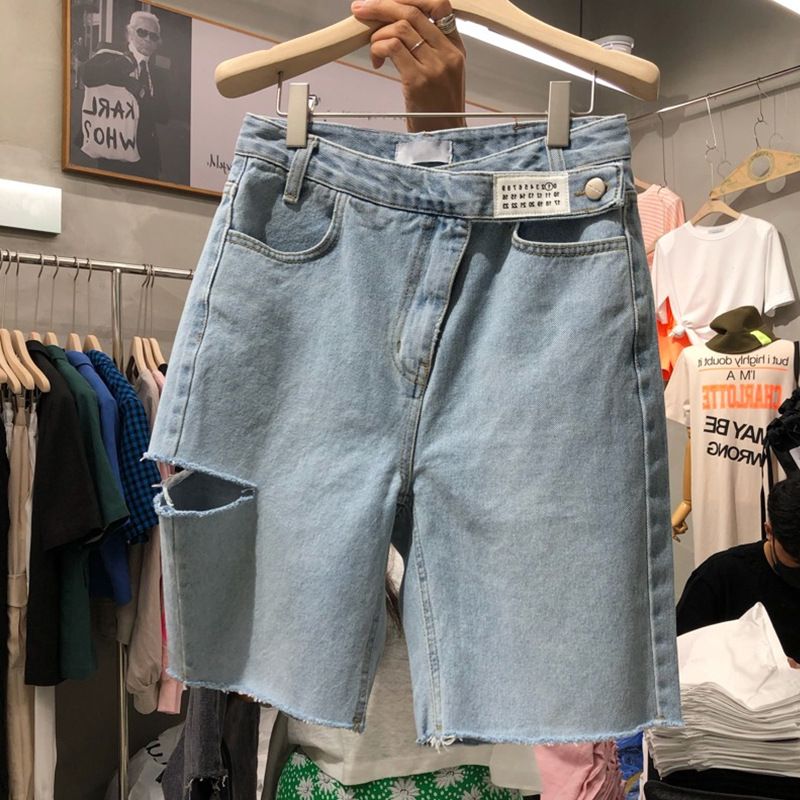 Dameshorts Mellembukser Høj Talje Fem Punkter Huller Lige Jeans