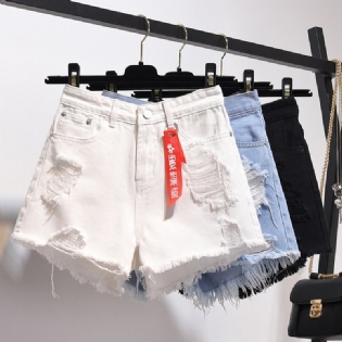 Denim Shorts Dame Højtaljede Løse Huller Brede Ben