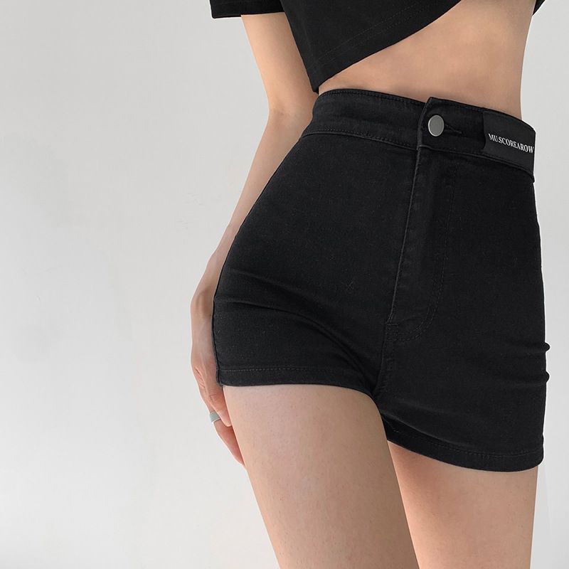 Denimshorts Dame Tyndt Sektion Højtalje Lige Slim Fit Elastisk Brede Ben