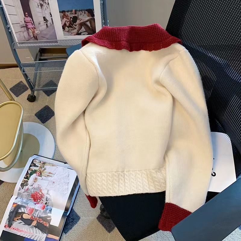 Dukkekrave Sweater Kvinders Nye Forår Og Efterår Nytårs Senior Første Kærlighedsfølelse Rød Strikket Cardigan Top