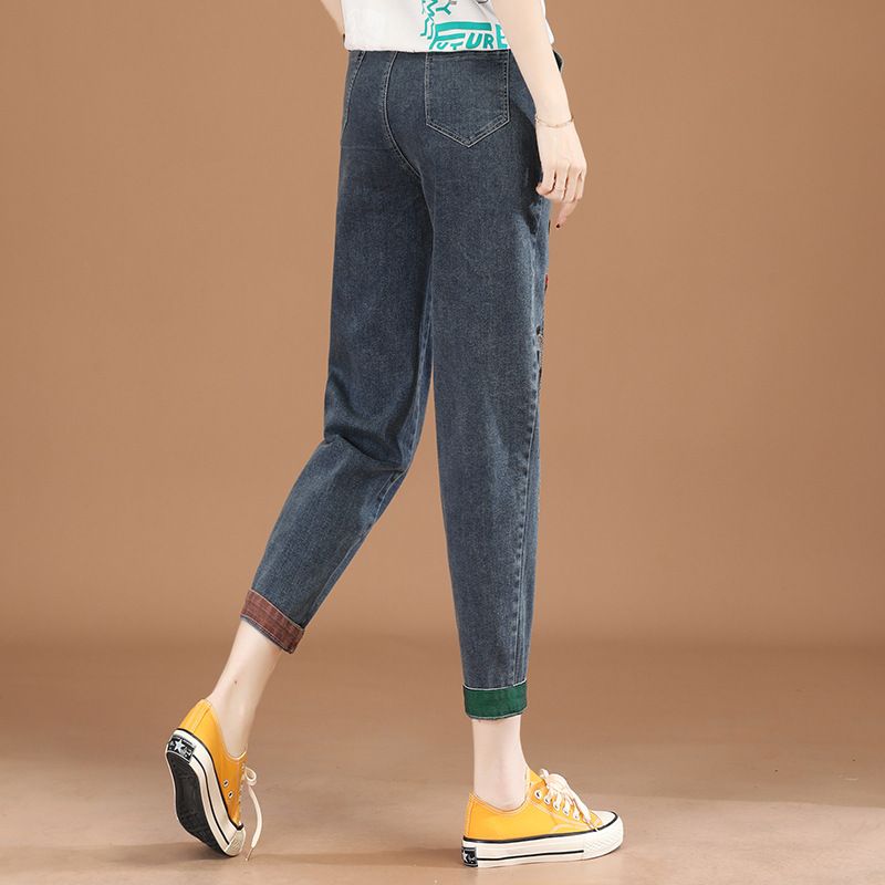 Elastisk Talje Broderede Cropped Jeans Damer Casual