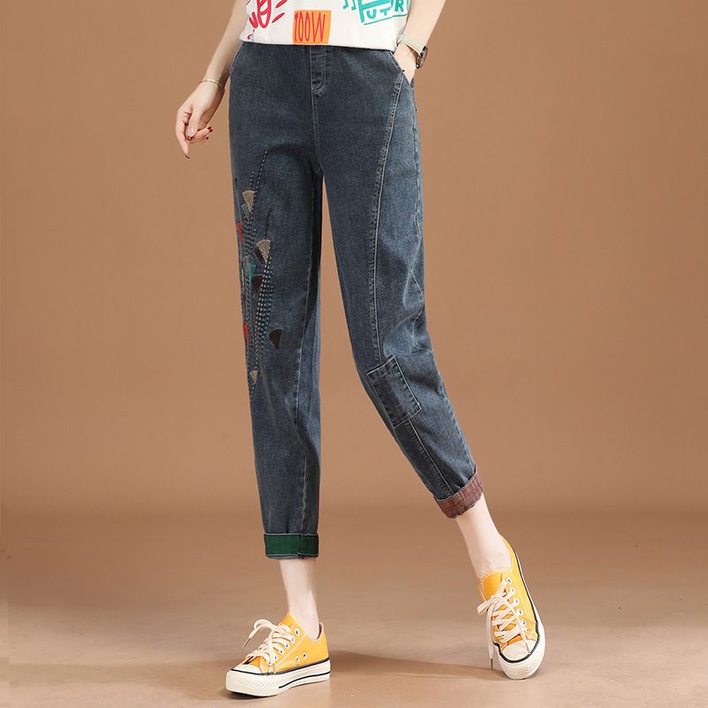 Elastisk Talje Broderede Cropped Jeans Damer Casual