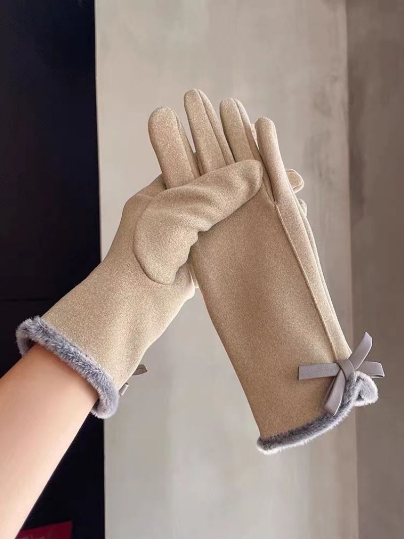 Elegante Råkantede Bowknot Damehandsker Vinter Udendørs Ridning Fem-fingers Touchskærm Plus Fleece