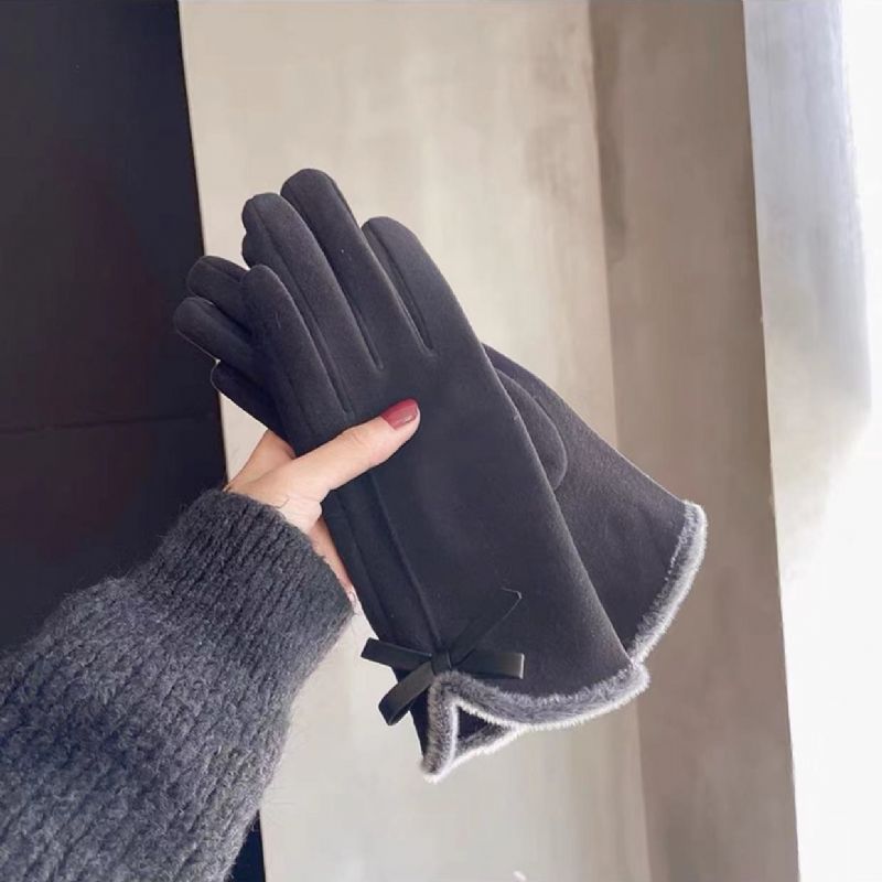 Elegante Råkantede Bowknot Damehandsker Vinter Udendørs Ridning Fem-fingers Touchskærm Plus Fleece