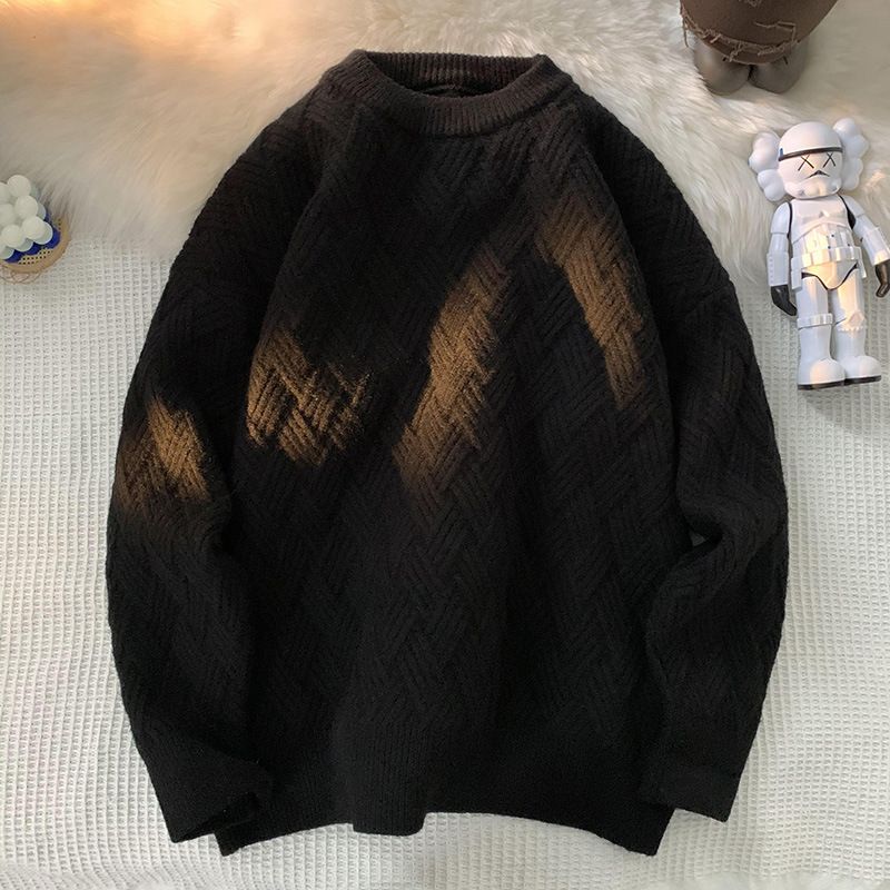 Ensfarvet Rundhalset Sweater Herre Løs Retro Trend Diamantgitter