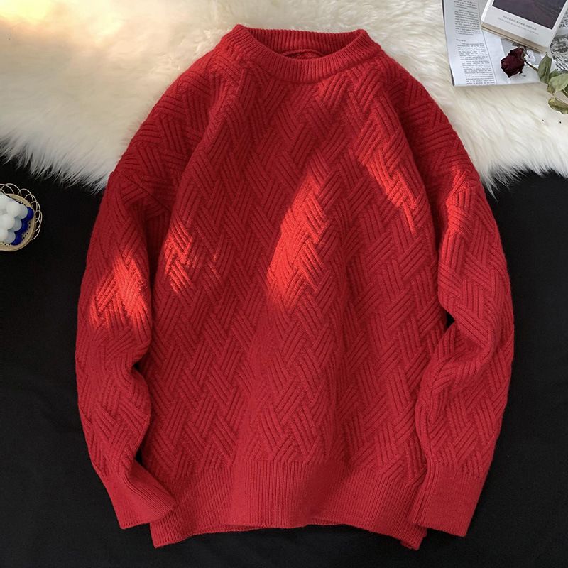 Ensfarvet Rundhalset Sweater Herre Løs Retro Trend Diamantgitter