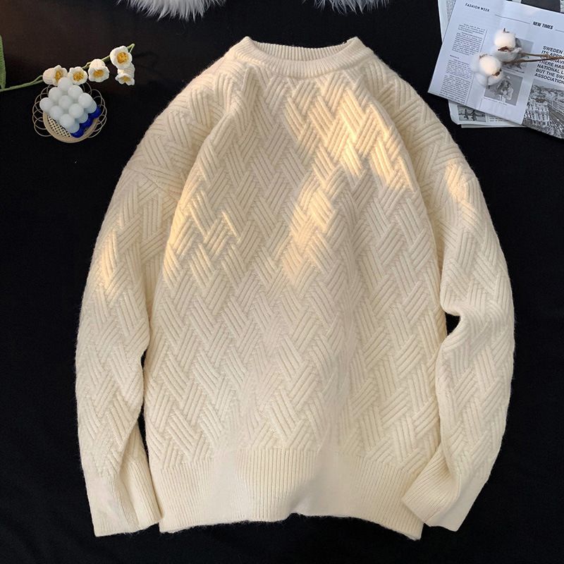 Ensfarvet Rundhalset Sweater Herre Løs Retro Trend Diamantgitter