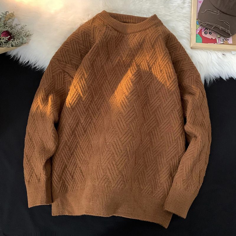 Ensfarvet Rundhalset Sweater Herre Løs Retro Trend Diamantgitter