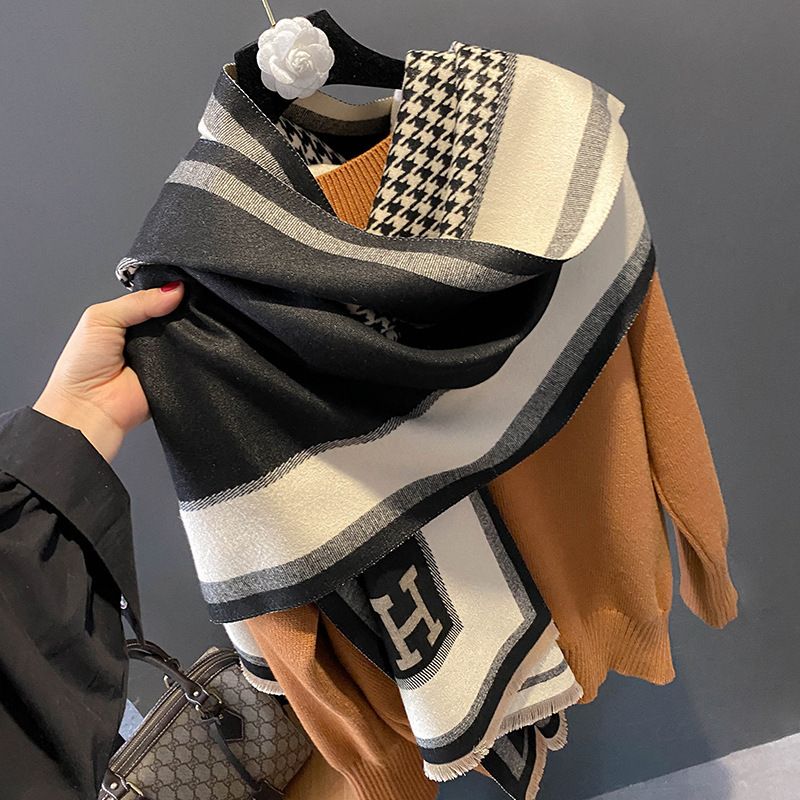 Essential Houndstooth Tørklæde Kvinder Efterår Og Vinter Cashmere Sjal H Letter Varmt