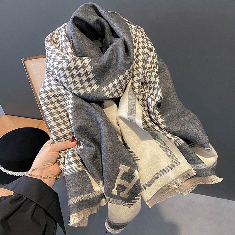 Essential Houndstooth Tørklæde Kvinder Efterår Og Vinter Cashmere Sjal H Letter Varmt