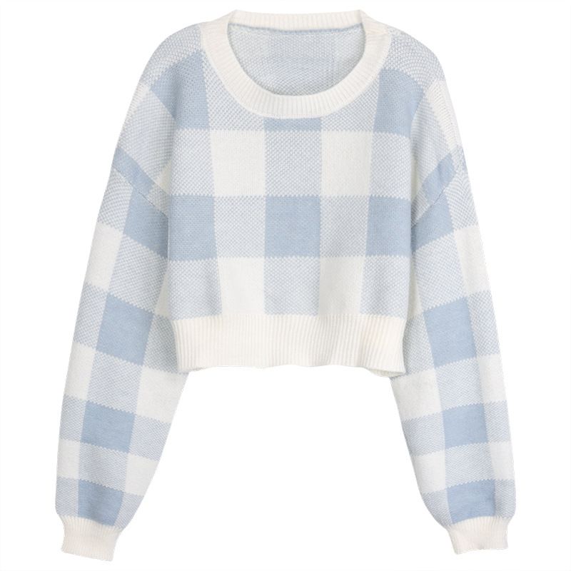 Forår Og Efterår 2023 Ny Plaid Kontrastfarve Kort Sweater Sød Smart Top Til Kvinder