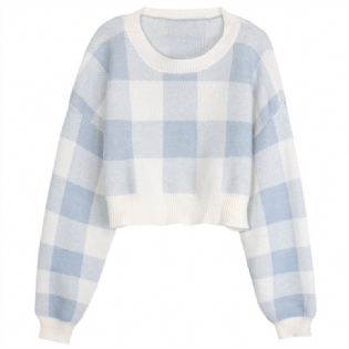 Forår Og Efterår 2023 Ny Plaid Kontrastfarve Kort Sweater Sød Smart Top Til Kvinder