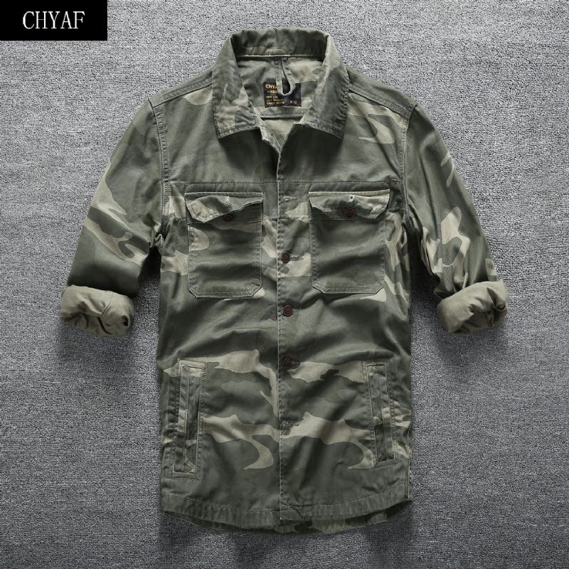 Forår Sommer Casual Langærmet Skjorte Mænd Camouflage Top Multi Pocket Tooling