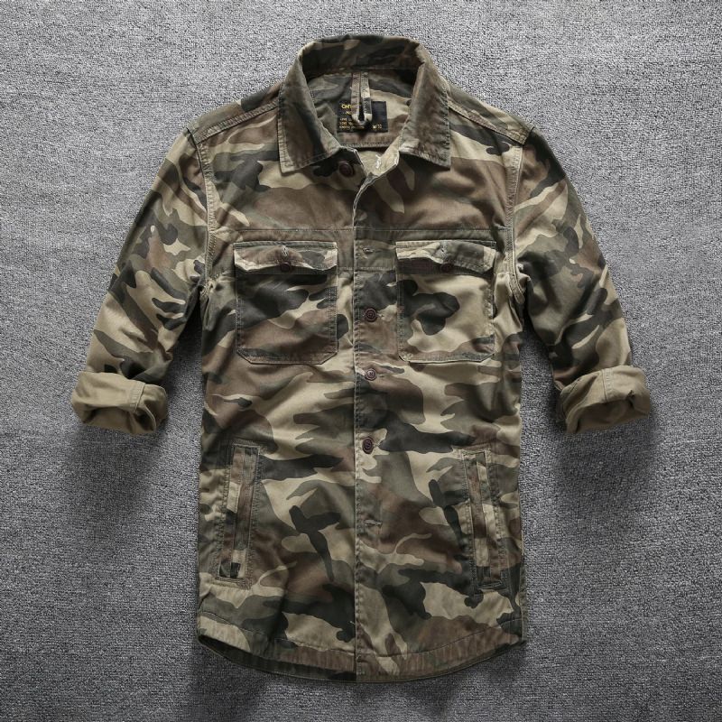 Forår Sommer Casual Langærmet Skjorte Mænd Camouflage Top Multi Pocket Tooling