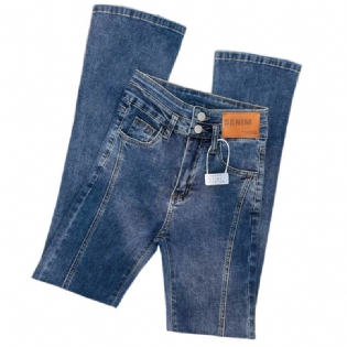 Front Slids Bootstrap Jeans Dame Højtalje Skinny Stretch Lige