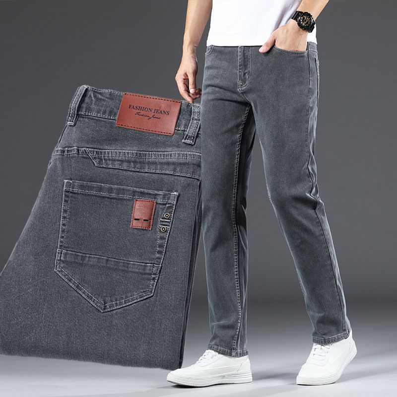 Grå Jeans Mænd Løse Lige Casual Stretch Bukser