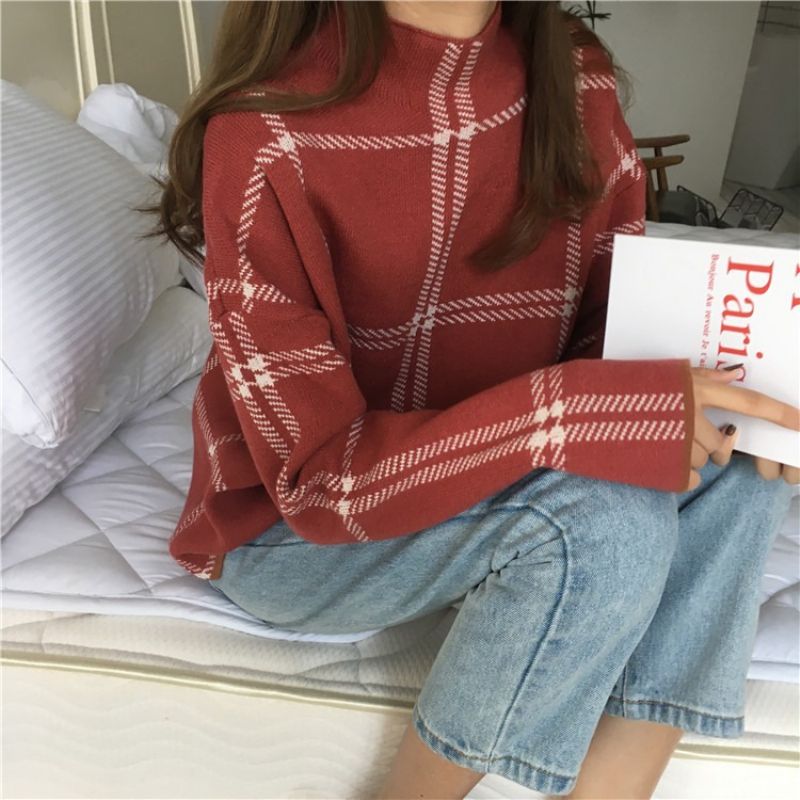 Halv Rullekrave Sweater Kvinders Udenlandsk Stil Plaid Løs Strikket Smart Top