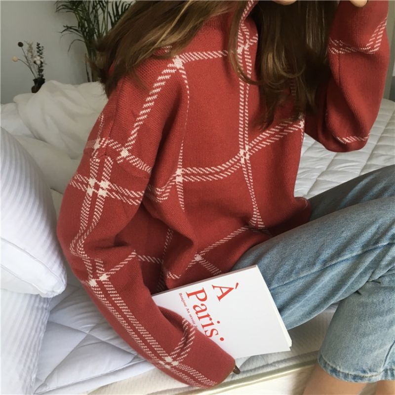 Halv Rullekrave Sweater Kvinders Udenlandsk Stil Plaid Løs Strikket Smart Top