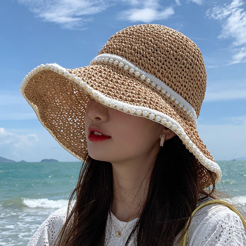 Hat Pige Vævet Perle Stråhat Sommer Tynde Sektion Parasol Ved Havet Strand Lille Fisker Solhat