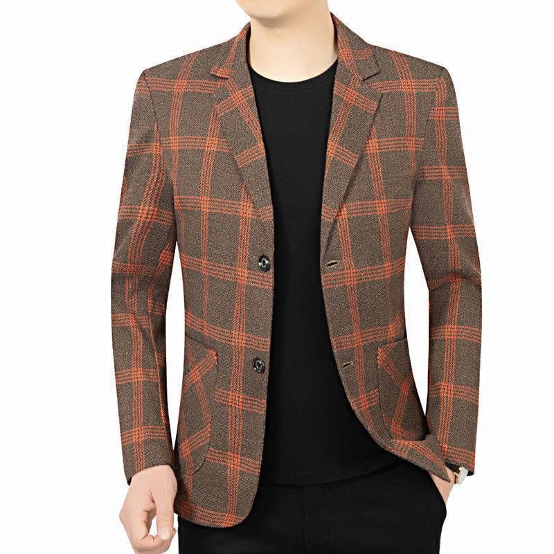 Herre Blazer Top Forår Og Efterår Plaid Enkelt To Enkeltradede Knapper