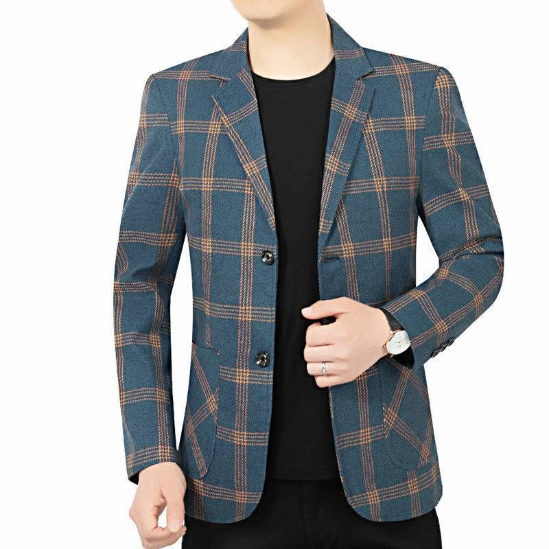 Herre Blazer Top Forår Og Efterår Plaid Enkelt To Enkeltradede Knapper