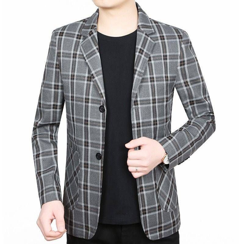 Herre Blazer Top Forår Og Efterår Plaid Enkelt To Enkeltradede Knapper