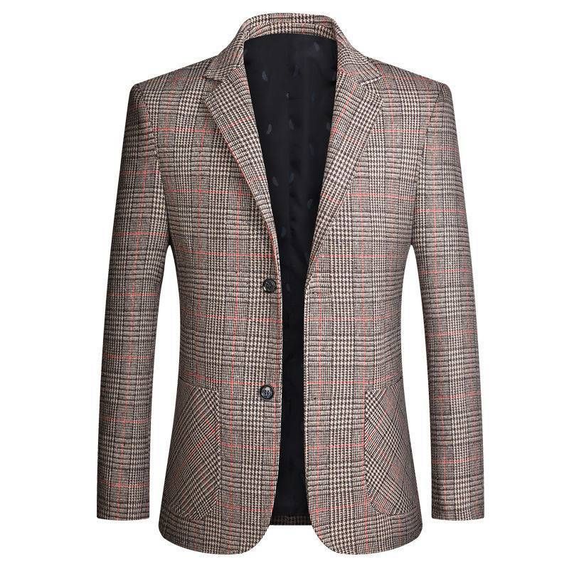 Herre Blazer Top Forår Og Efterår Plaid Enkelt To Enkeltradede Knapper