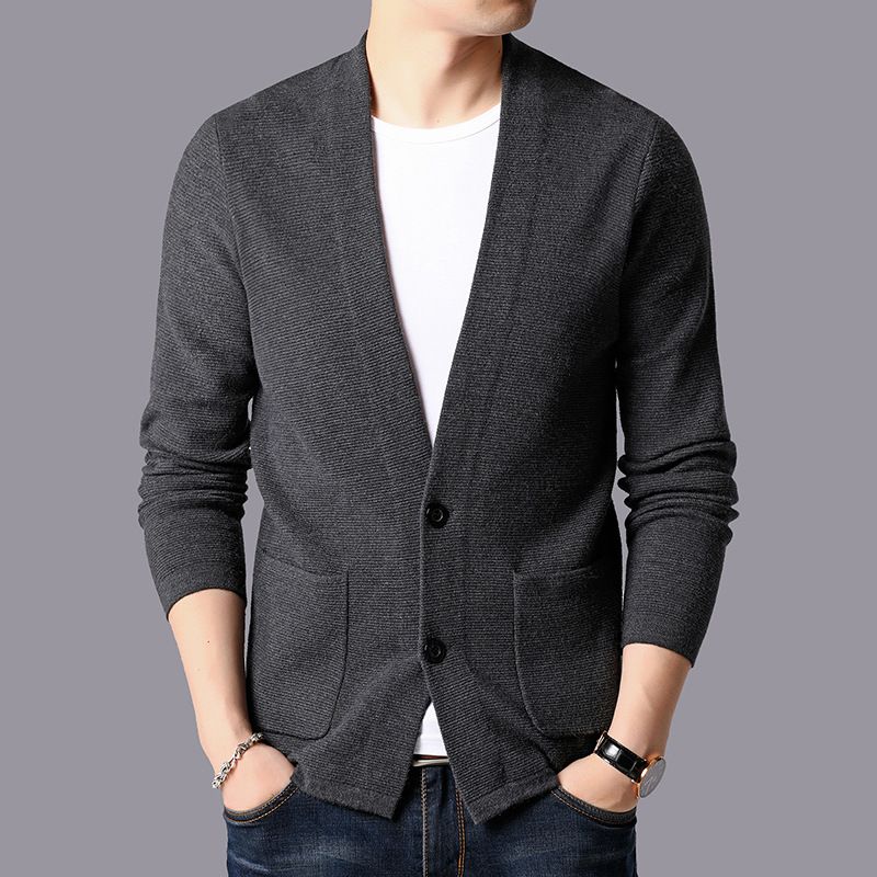 Herre Cardigan Med V-hals Strik Ensfarvet Sweater Kort Frakke