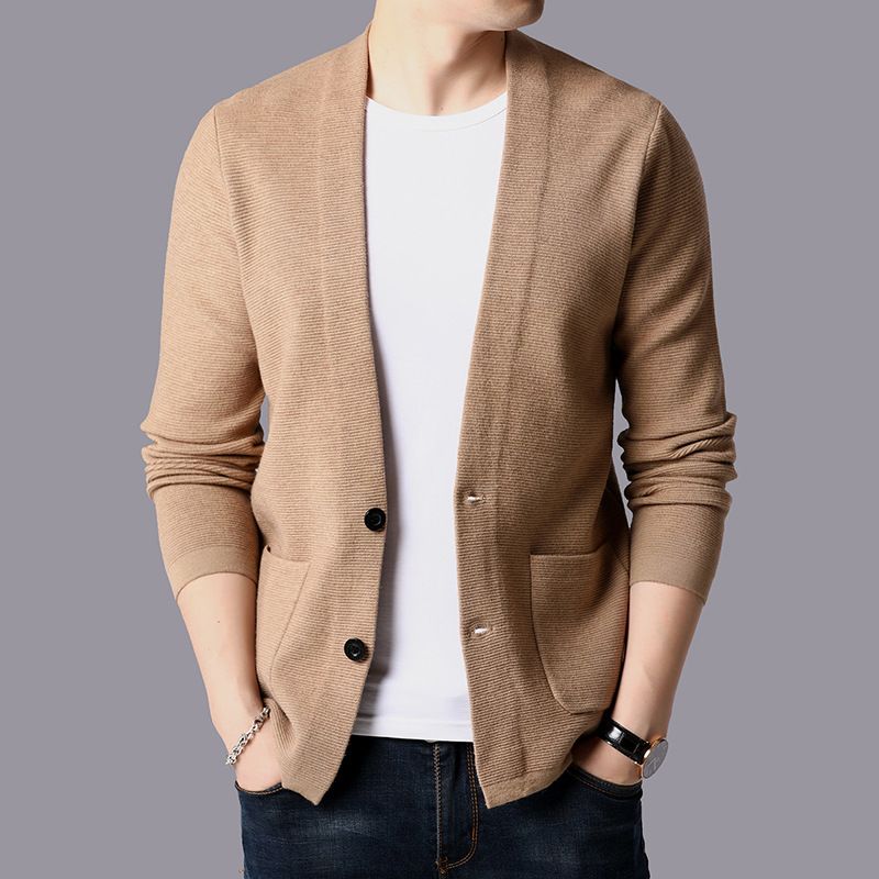 Herre Cardigan Med V-hals Strik Ensfarvet Sweater Kort Frakke