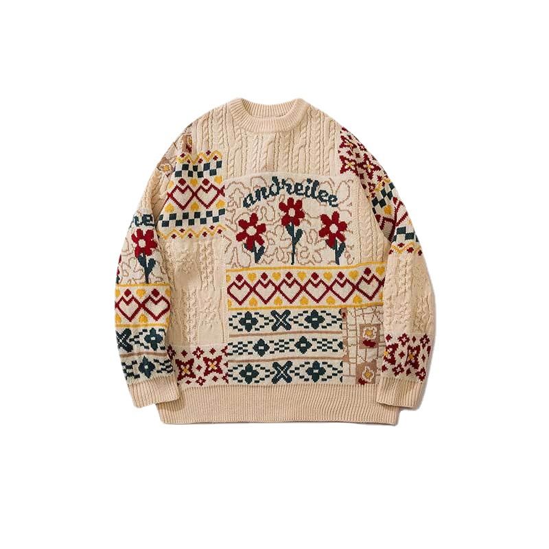 Herre Sweater 2023 Retro Jacquard Casual Løs Rund Hals Strikket Par