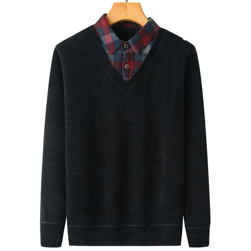 Herre Sweater Fake To Stykker Plus Fleece Tyk Varm Top Løs