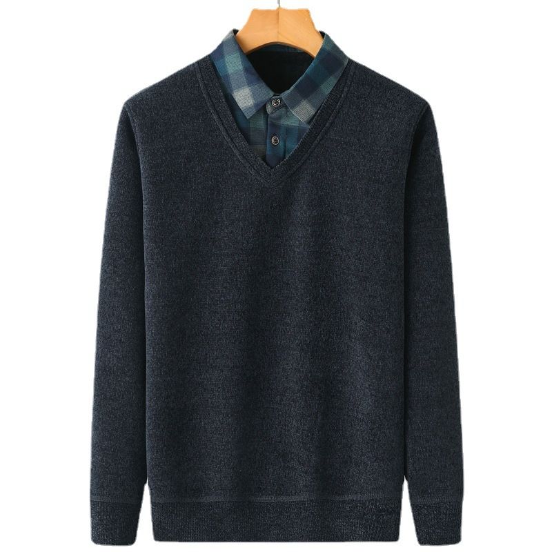 Herre Sweater Fake To Stykker Plus Fleece Tyk Varm Top Løs