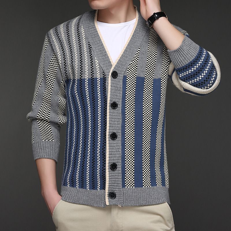 Herre Sweaterjakke 2023 Casual Jacquard Stribet Strik Cardigan