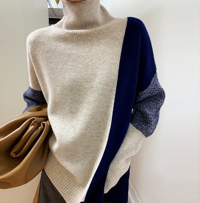 Højkrave Sweater I Kontrastfarve Til Kvinder Løs Efterår Og Vinter 2023 Ny Strikket Bundskjorte Dametrøje Toppe