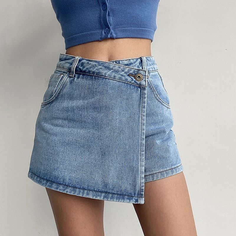 Højtaljede Denimshorts Til Kvinder I Lys Farve Falsk Todelt Temperament