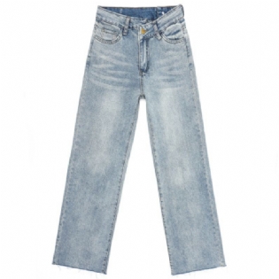 Hvid High Waist Denim Bukser Med Brede Ben Damer Lige Løs