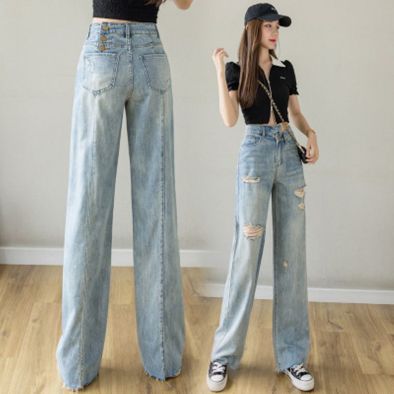 Hvid High Waist Denim Bukser Med Brede Ben Damer Lige Løs