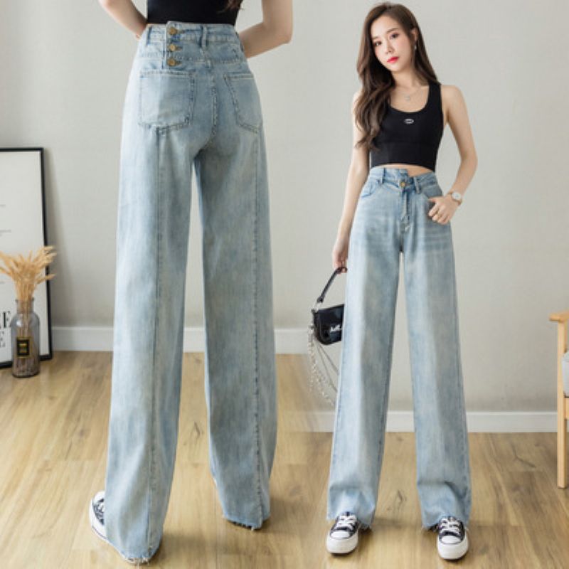 Hvid High Waist Denim Bukser Med Brede Ben Damer Lige Løs