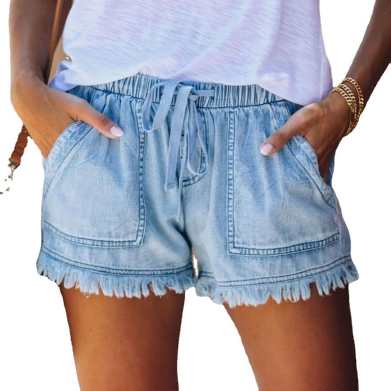 Jeans Shorts Dame Elastisk Talje Lommebukser Casual Høj