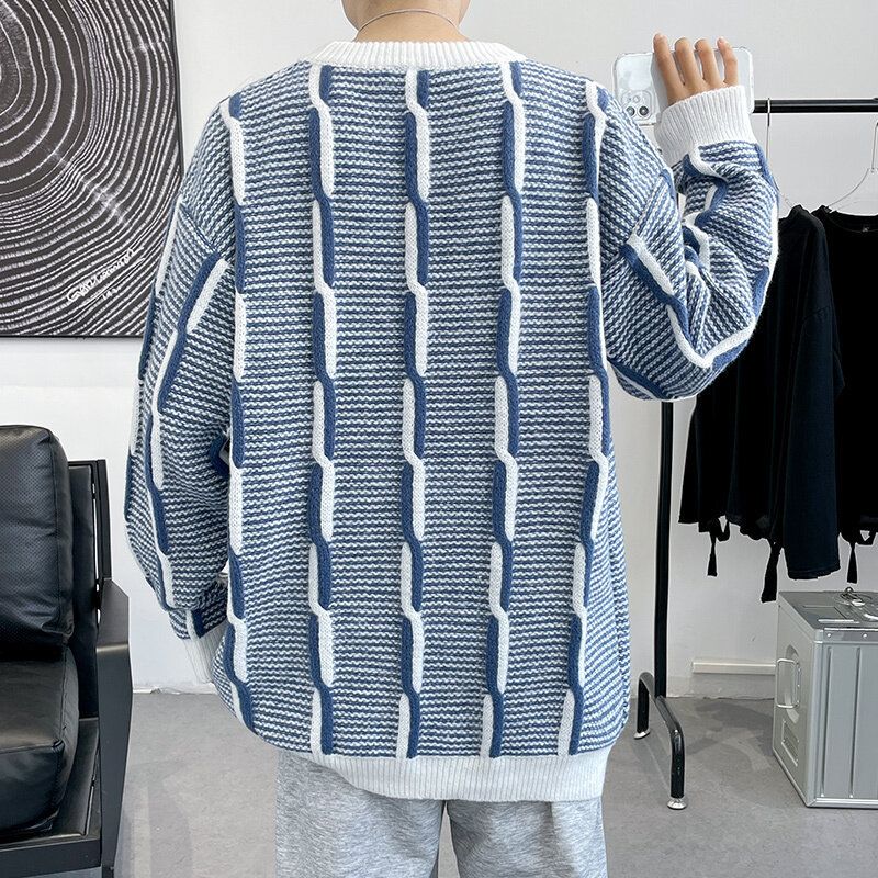 Kontrastfarve Rund Hals Sweater Herre Løs Trendy Indre Varm