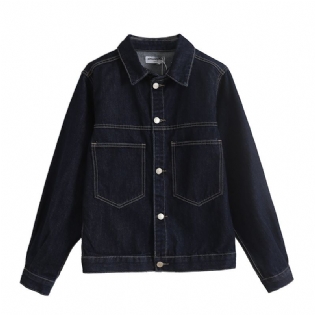 Kvinder Vintage Topstitched Cropped Denim Jakke Mørkeblå