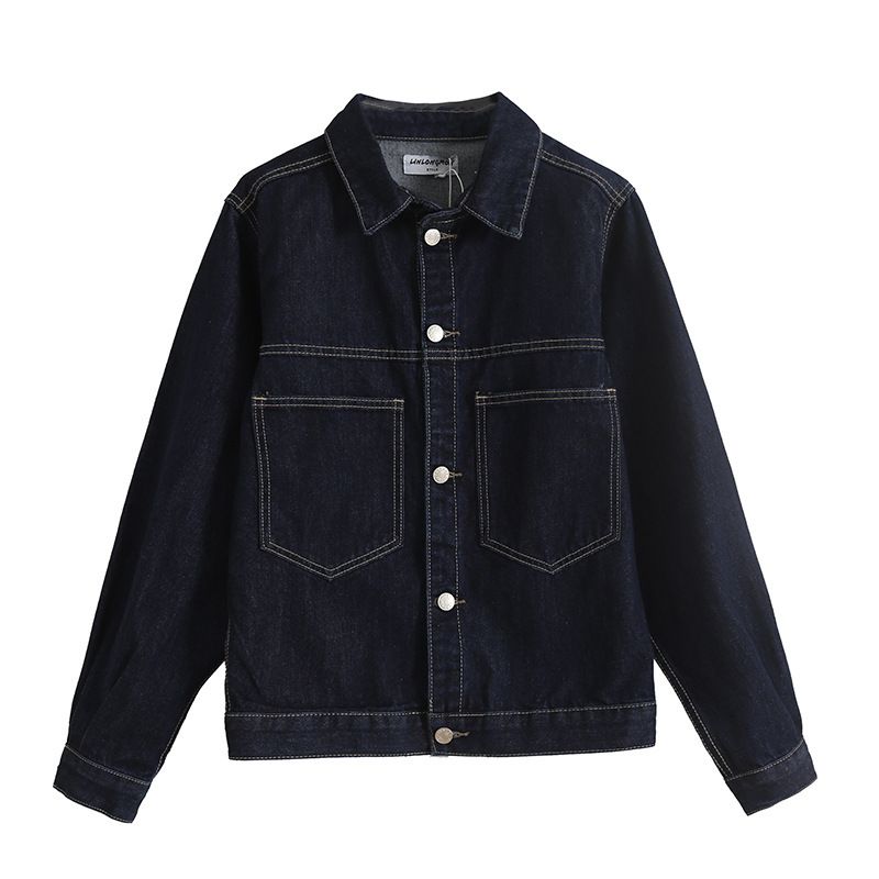 Kvinder Vintage Topstitched Cropped Denim Jakke Mørkeblå