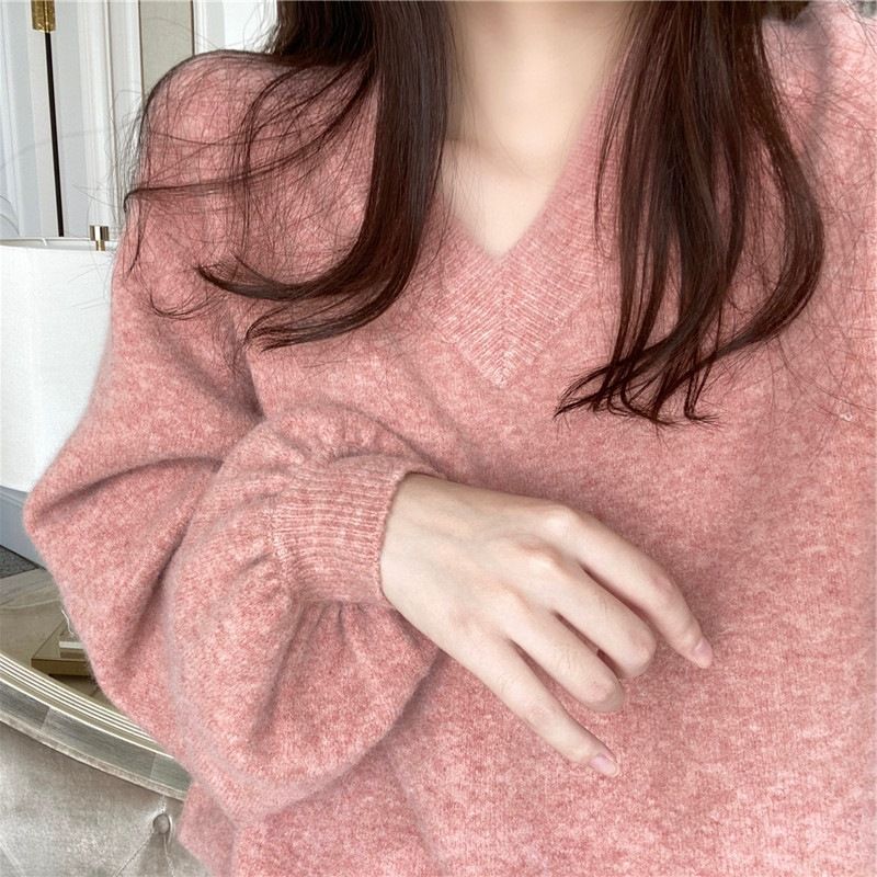 Kvinders Efterår Og Vinter Pink V-hals Sweater Fortykket Løs Sød Og Elegant