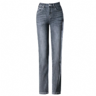 Kvinders Grå Jeans Højtaljede Stretch-bukser Med Lige Ben