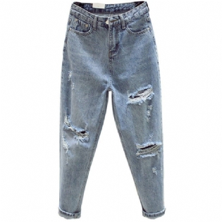 Kvinders Lyse Jeans Rippet Løse Lige Høj Talje Cropped