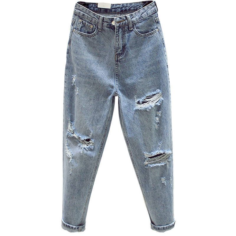 Kvinders Lyse Jeans Rippet Løse Lige Høj Talje Cropped