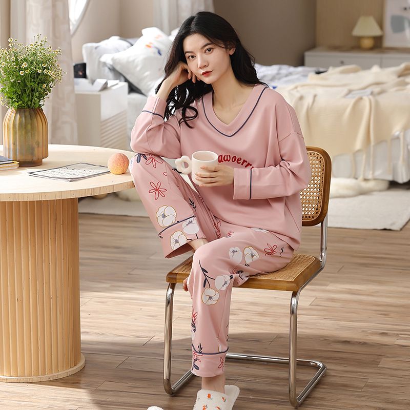 Kvinders Pyjamas Bomuld Lange Ærmer Casual Homewear Sæt