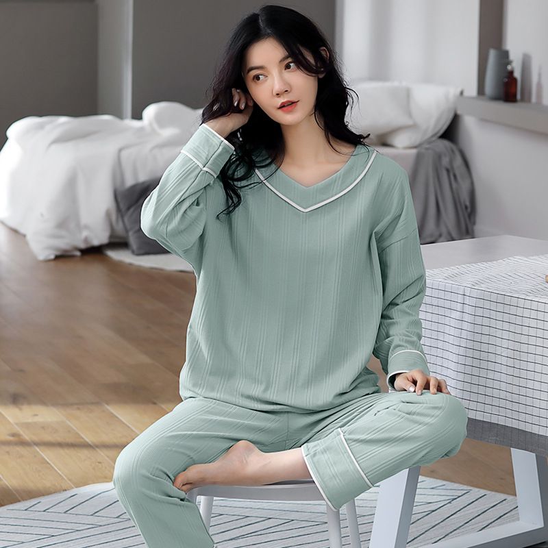 Kvinders Pyjamas Bomuld Lange Ærmer Casual Homewear Sæt