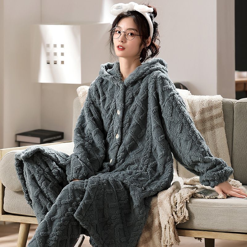 Kvinders Pyjamas Flanell Tyk Lang Jacquard Hætte Loungewear Sæt