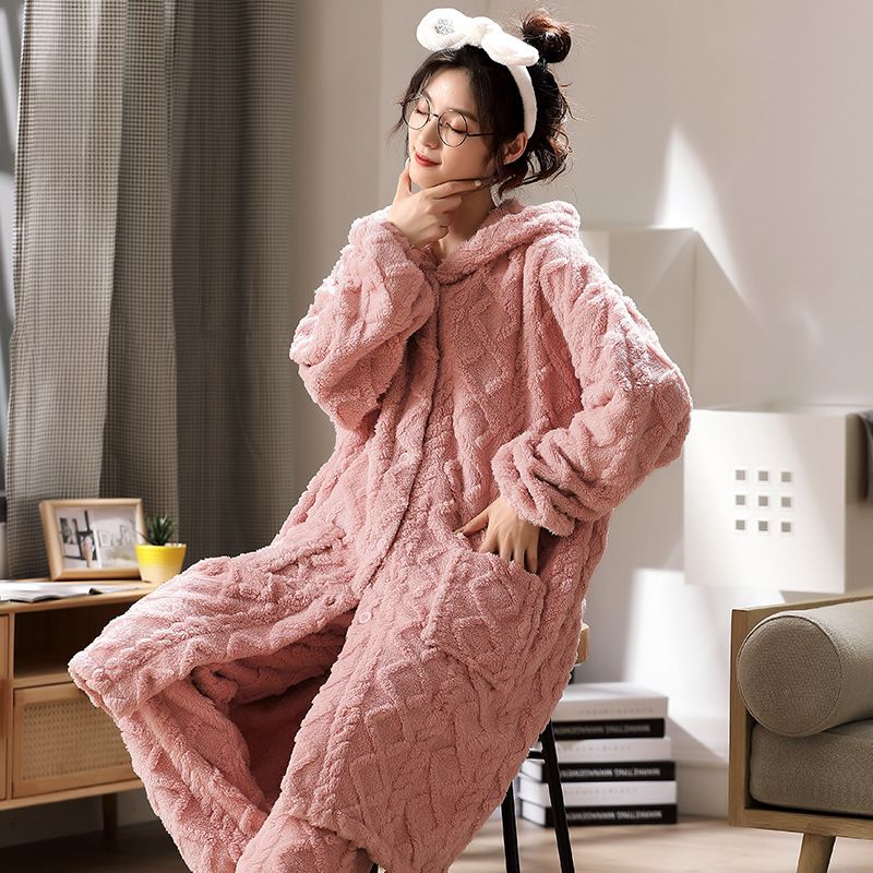 Kvinders Pyjamas Flanell Tyk Lang Jacquard Hætte Loungewear Sæt